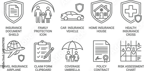 Set of insurance icons including home, car, health, life, travel, and claim forms.