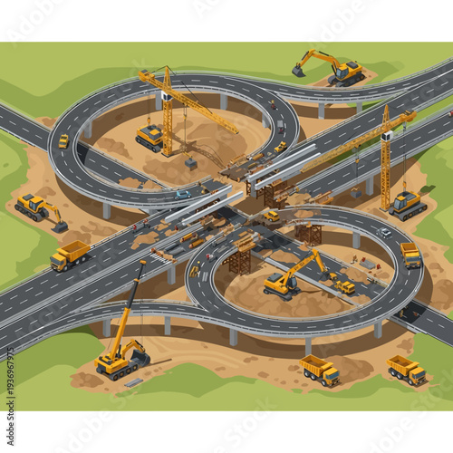 Construction site of a complex highway interchange with multiple levels and ramps.