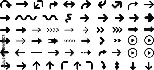 Big arrows vector icon set with black direction signs pointers isolated on white background in various styles for design projects