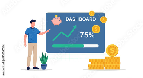 Graphic design depicting a male analyst presenting financial data on a dashboard with growth trends and savings.