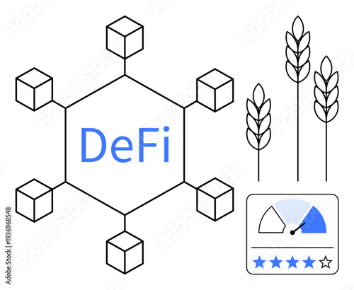 Decentralized finance concept. Blockchain network and DeFi structure for financial technology. Decentralized tools enhance transparency and finance applications. Ideal for fintech, crypto