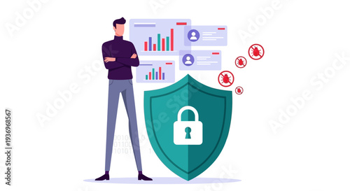 A confident man safeguards digital data and user privacy from cyber threats using a strong security shield graphic.