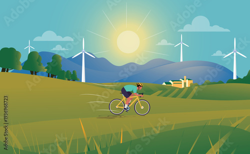 Concept of green renewable energy. Illustrate scenes with solar panels and wind turbines, showcasing the use of clean energy to replace traditional fossil fuels.