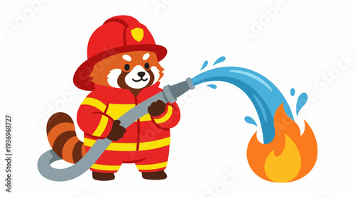 Cute cartoon red panda firefighter in uniform extinguishing a fire with a water hose, adorable animal illustration for kids