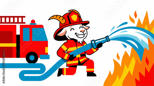 Cheerful cartoon goat firefighter battling a blazing fire with a water hose, red fire truck in background, symbolizing emergency response, courage, and fire safety