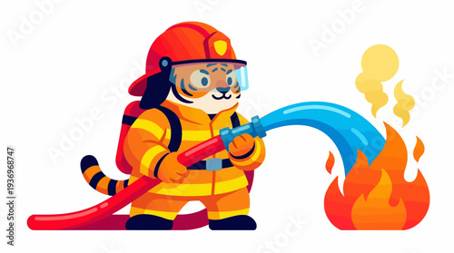 A brave and adorable cartoon tiger, dressed as a firefighter, actively works to extinguish a vibrant blaze with a powerful water stream, symbolizing courage and fire safety