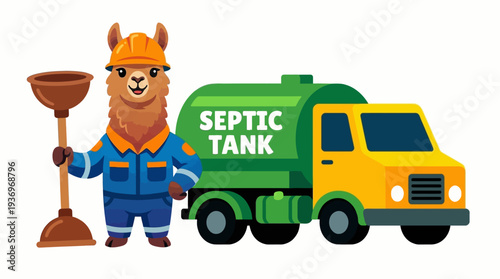 Cartoon llama plumber character with a septic tank truck, offering plumbing services and repairs