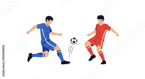 Two soccer players dribbling a football in a dynamic match illustration.