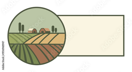 Farm landscape vector illustration with rural barns and fields.