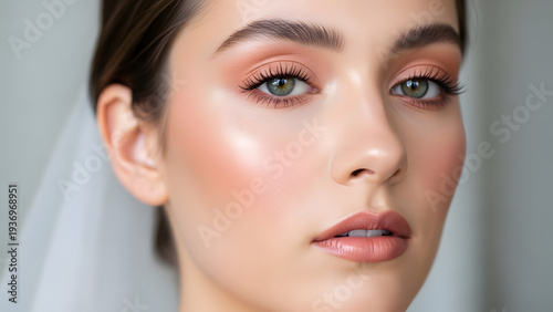 Elegant Bride with Soft Wedding Makeup and Luminous Skin Wearing White Bridal Veil for Romantic Marriage Celebration