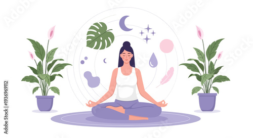 Serene woman meditates peacefully in lotus pose, surrounded by calming nature and cosmic spiritual vector graphic elements.