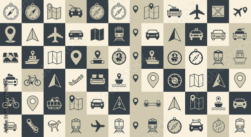 Seamless pattern of transportation and navigation icons.