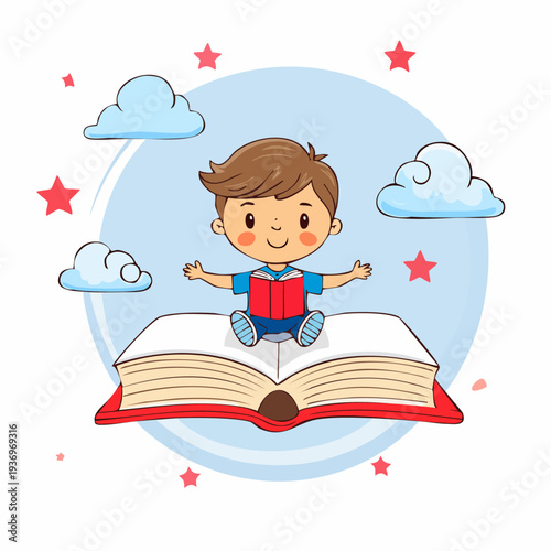 Boy reading a book and flying through the sky