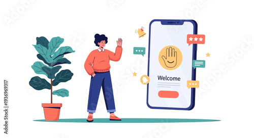 Waving person vector illustration next to a giant smartphone displaying a welcome message and app icons.