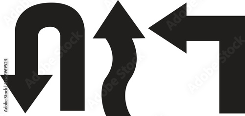 Black Direction Arrows Set Isolated on Transparent Background – U Turn, Up Arrow and Left Turn Icon