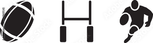 Rugby sport equipment set icons including ball posts and player vector flat illustration
