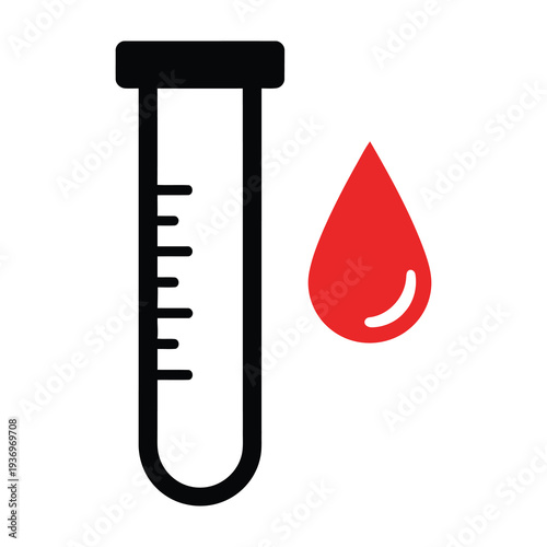 Test tube with measurement marks stands beside a vivid red blood drop symbol on a clean white background