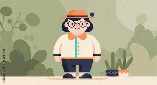 Whimsical character in a hat, surrounded by simple plants and a muted green background