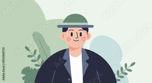 A cheerful cartoon man in a hat and jacket stands amidst stylized plants and abstract shapes