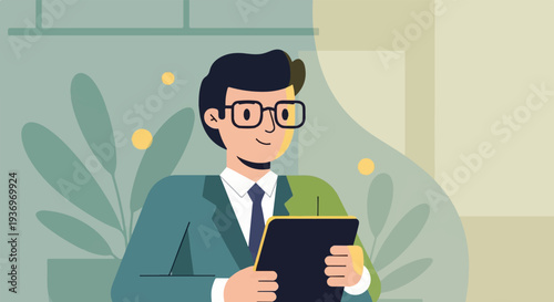 A smiling man in glasses and a suit holds a tablet, surrounded by leaves and dots