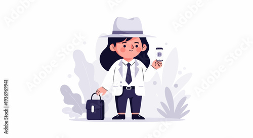 Cartoon detective in a fedora, suit, holding briefcase and phone with "B" symbol