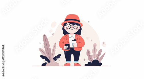 A stylized figure in a red hat and jacket holds two cups, surrounded by plants