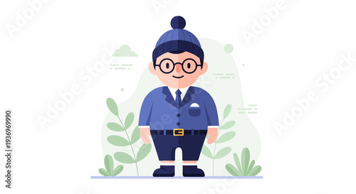 A cute cartoon character in a blue suit and beanie stands amidst abstract plant designs and clouds