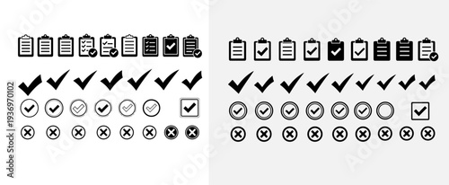 Checklist vector icon set with check marks, cross symbols and clipboard designs. Task management and to-do list icons for forms, productivity tools and workflow projects eps