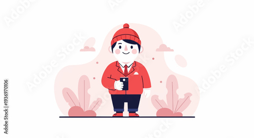 Cheerful person in red winter attire holds a mobile device amidst soft pink flora