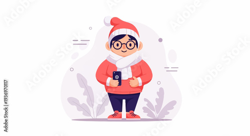 Cute cartoon child in festive holiday attire holding a smartphone