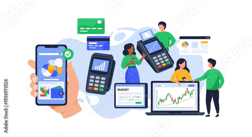 FinTech Ecosystem: Digital Payment, Mobile Banking, and Financial Management Illustration.