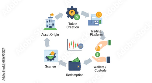 Digital Asset Tokenization Lifecycle Diagram: Asset Origin, Token Creation, Trading, Custody, and Redemption Process Flow