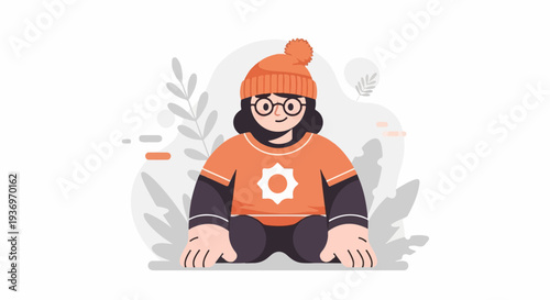 Flat illustration of a person wearing an orange beanie and shirt with a white symbol