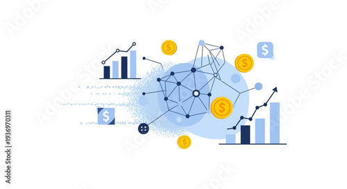 Financial Data Network: Investment Growth, Blockchain, and Global Fintech Analysis. Modern flat vector illustration.