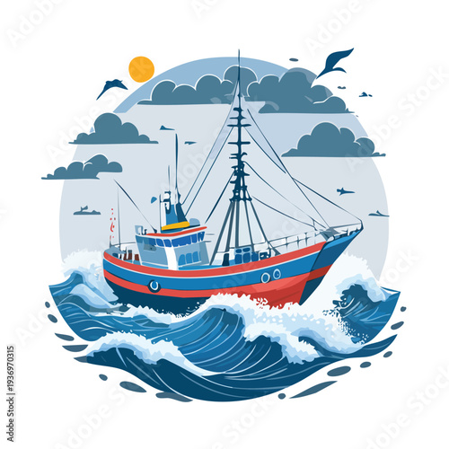 Vessel sailing on ocean waves under a partly cloudy sky