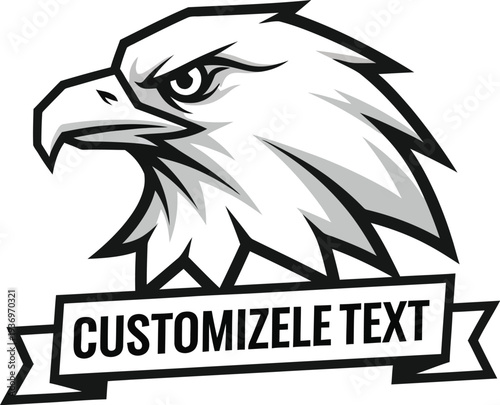 A black and white illustration of an eagle's head with a customizable text banner