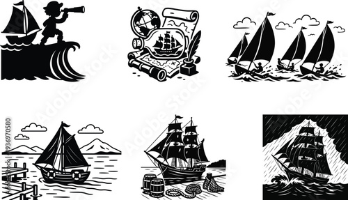 Modern sailing silhouette bundle set with stylish boat outlines ideal for coastal decor stickers scrapbooking and crafts