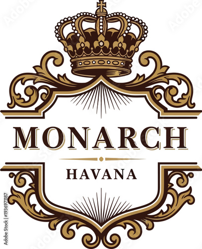 A luxurious logo featuring a crown and ornate design with the words Monarch Havana