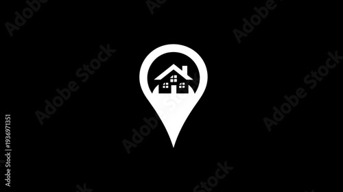 A white house icon inside a map pin, against a black background. Minimalistic and symbolic