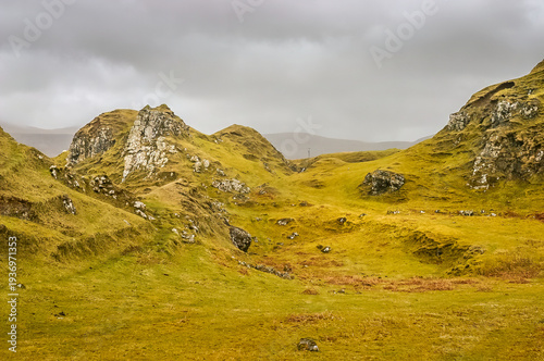 The fairytale lands in the hilltop Castle Ewan, Fairy Glen, Isle of Skye, Scotland