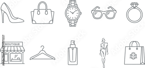 Collection of fashion and shopping line icons including shoes, handbags, and jewelry
