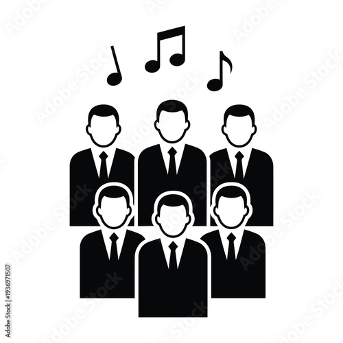 Silhouettes of six men in suits singing together with musical notes floating above minimalist black and white style professional choir concept