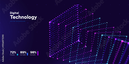 Digital Technology Abstract Data Cube With Glowing Neon Dots And Network Structure On Dark Background For AI, Big Data And Computing Innovation. Digital Technologies Concept. Vector Illustration