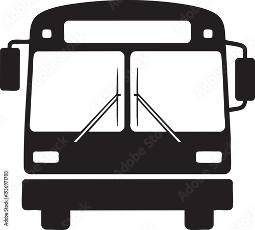 Black silhouette of front view of bus on transparent background