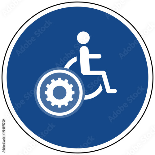 Vektor Icon Barrierefreiheit Einstellung Rollstuhl Inklusion Zahnrad Symbol Blaues Schild Behinderung Konfiguration Hilfe Grafik Barrierefrei Service Mobilität