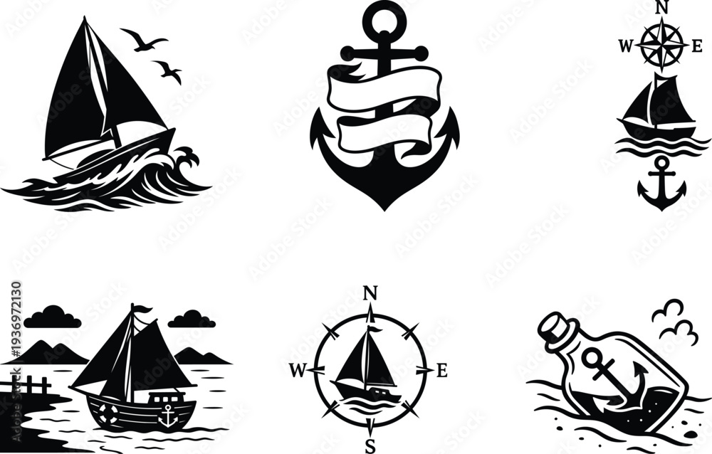 Fototapeta premium Unique sailing silhouette bundle set with classic ocean sailboats perfect for nautical graphics stickers and creative projects