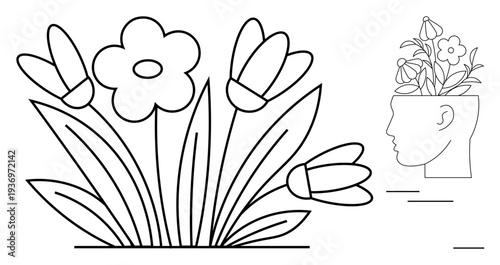 Abstract flowers and foliage sprouting from a head outline inspire creativity, mindfulness, and nature. Ideal for mental health, growth, innovation, eco-consciousness, self-awareness, and imagination