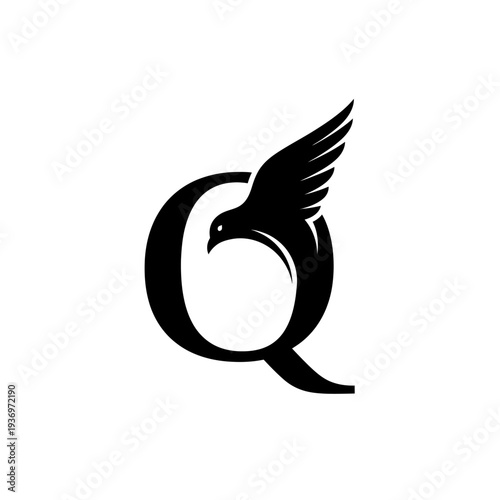 Elegant black bird with open wings integrated into letter q design