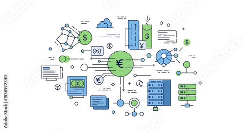 Global FinTech Ecosystem Flow Diagram. Digital Currency Exchange, Data Network, and Blockchain Infrastructure Concept Illustration.