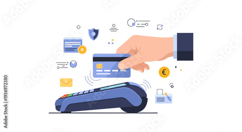 Secure Contactless Payment. Hand Tapping Credit Card on POS Terminal. Digital NFC Transaction and FinTech Concept.